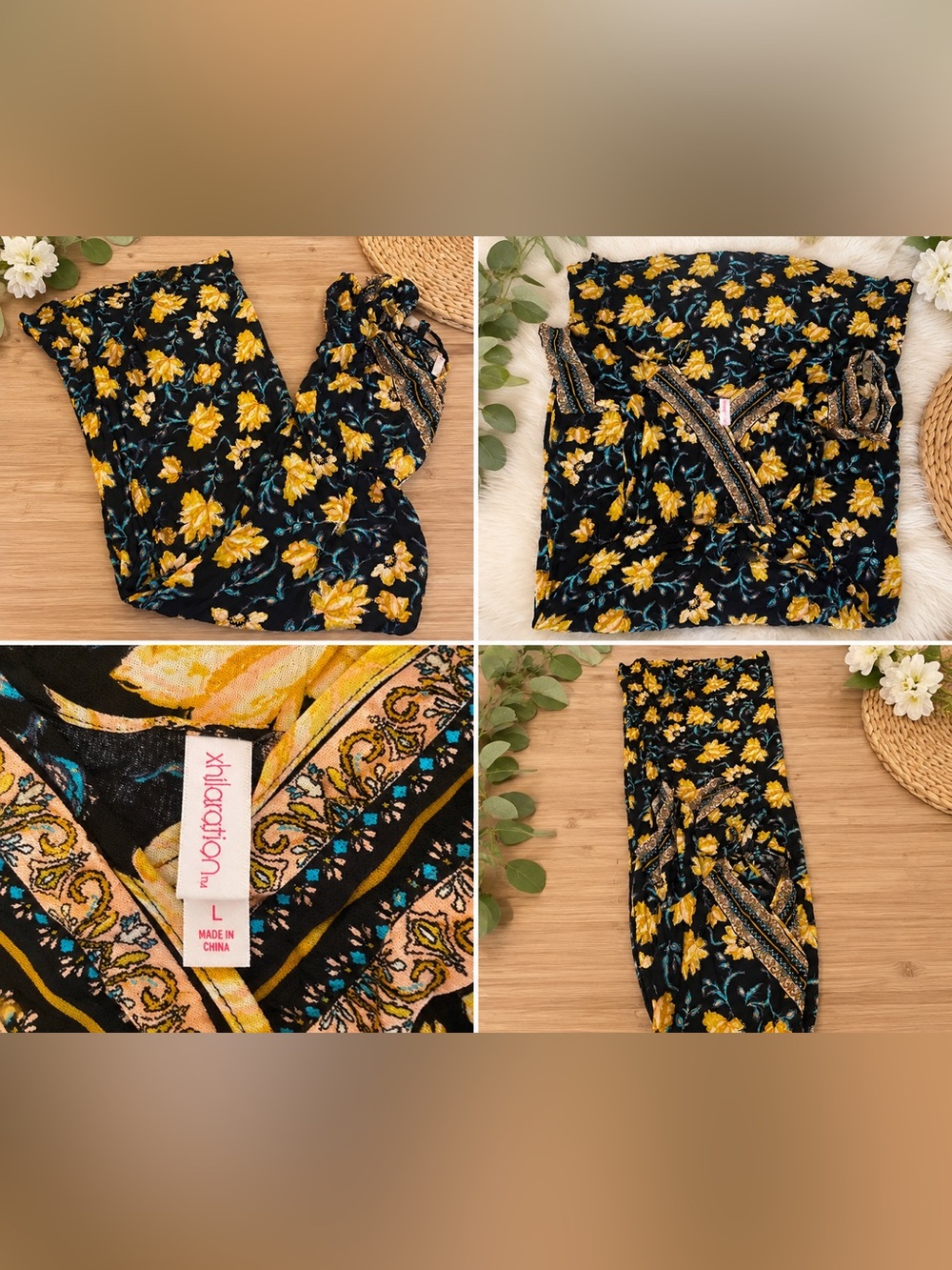 Massimo Black Tunic Top with Yellow Floral Print